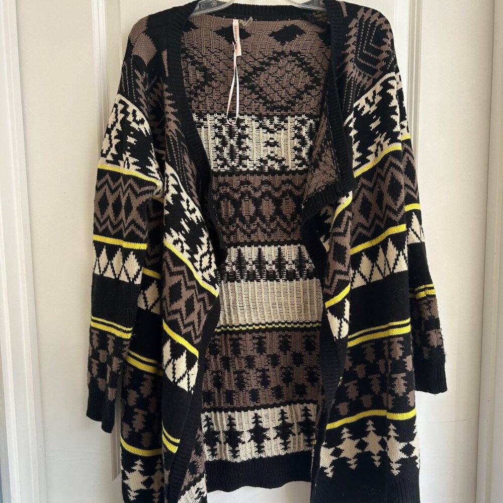 EKKLESIA AZTEC Woman Cardigan Long Sweater Aztec BoHo Hippie Cabin warm Sz L